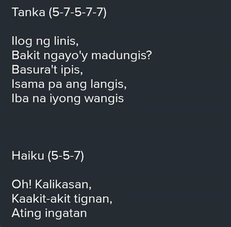 brainly in tagalog|[Expert Answer] 10 halimbawa ng tanka .